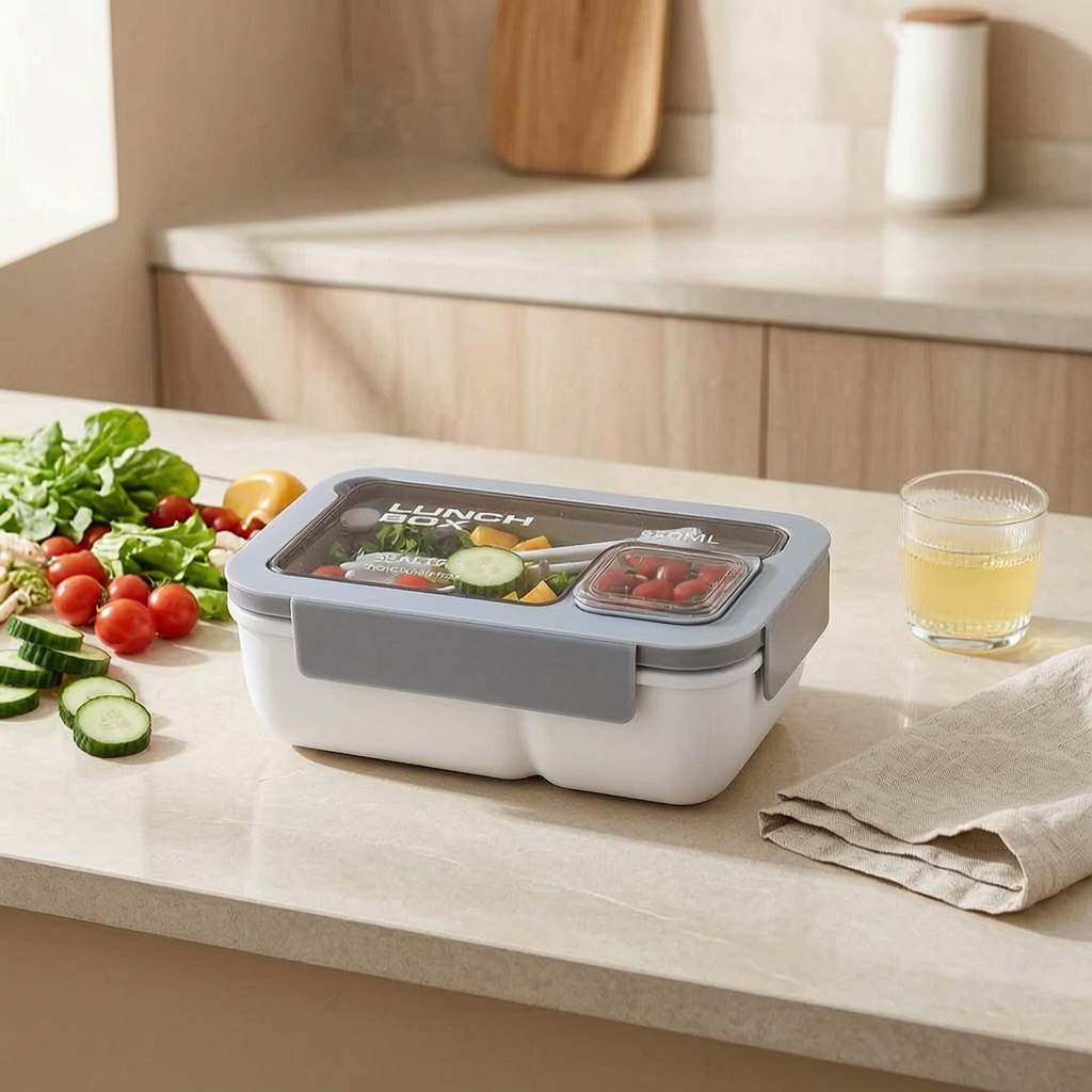 Caja BentoGo con almuerzo en una cocina luminosa