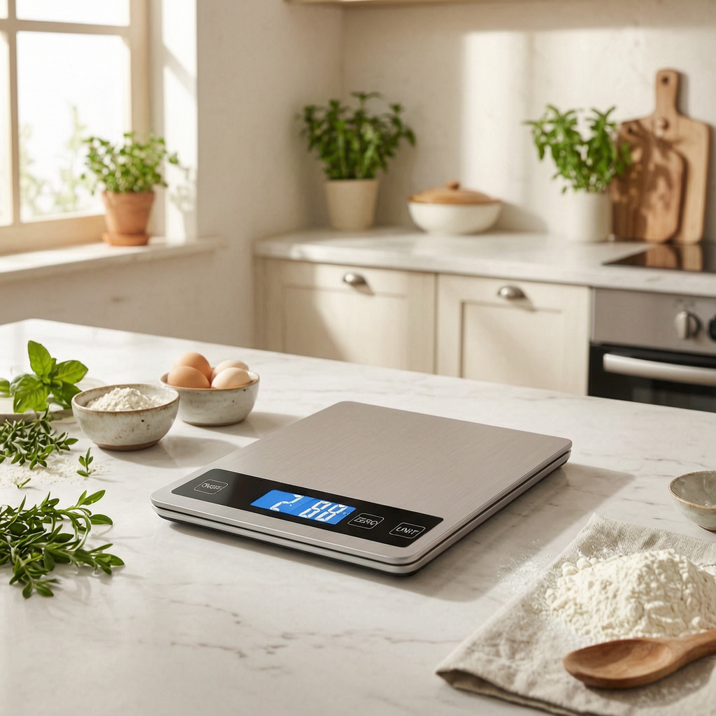 Báscula de cocina digital en una cocina luminosa