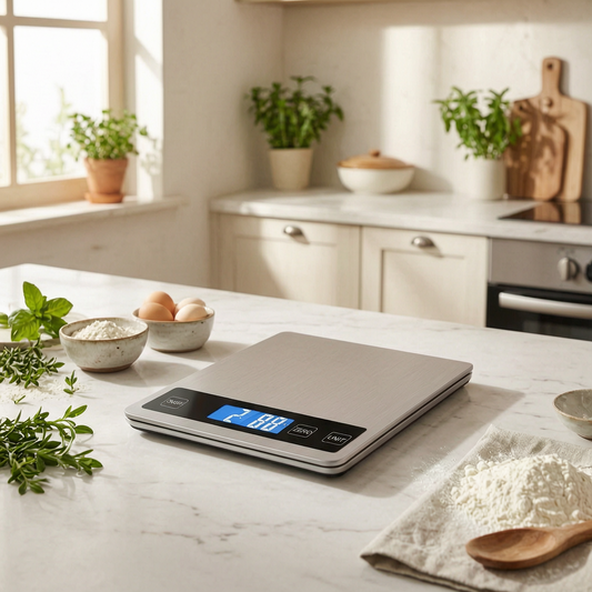 Báscula de cocina digital en una cocina luminosa