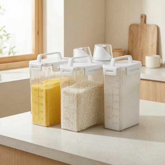 Contenedor hermético para granos en una cocina luminosa