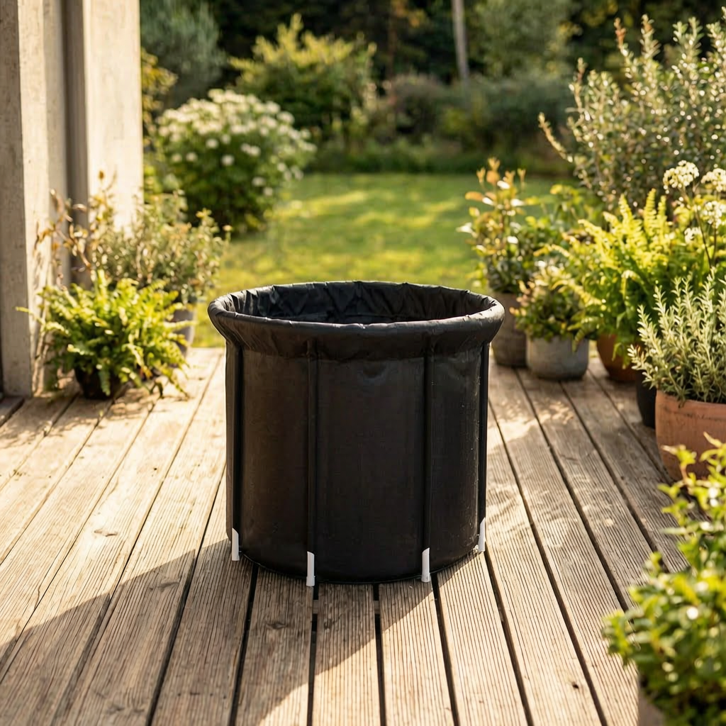 Bañera plegable para baño de hielo en una terraza soleada