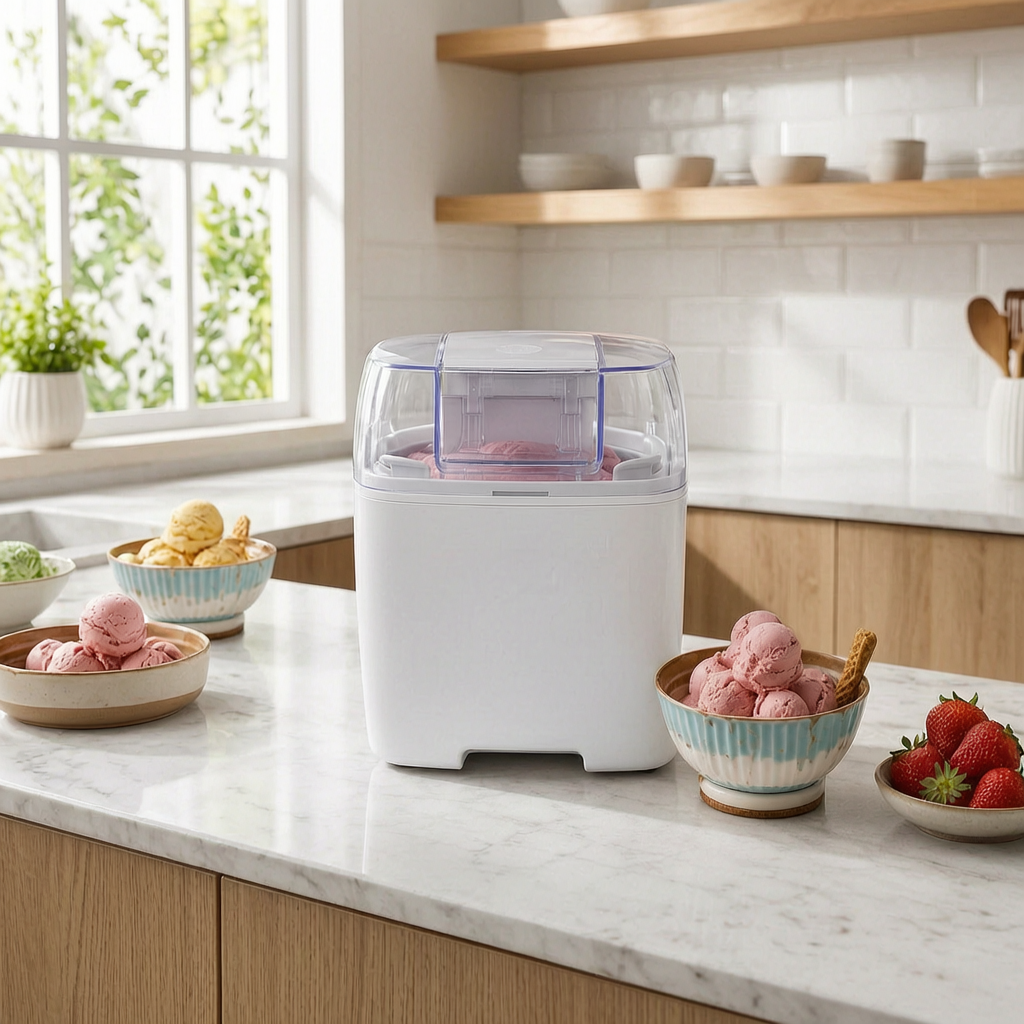 Máquina para hacer helados con bol en una cocina luminosa