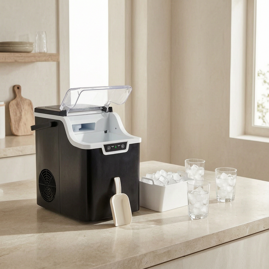 Máquina de hielo nugget compacta en una cocina luminosa