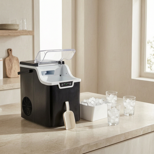 Máquina de hielo nugget compacta en una cocina luminosa