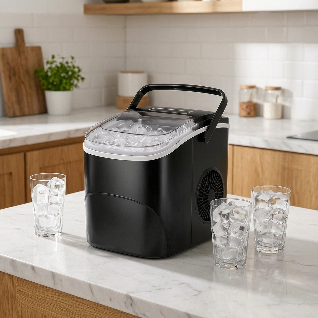 Máquina de hielo compacta negra en una cocina luminosa