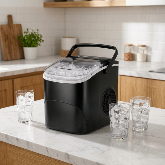 Máquina de hielo compacta negra en una cocina luminosa