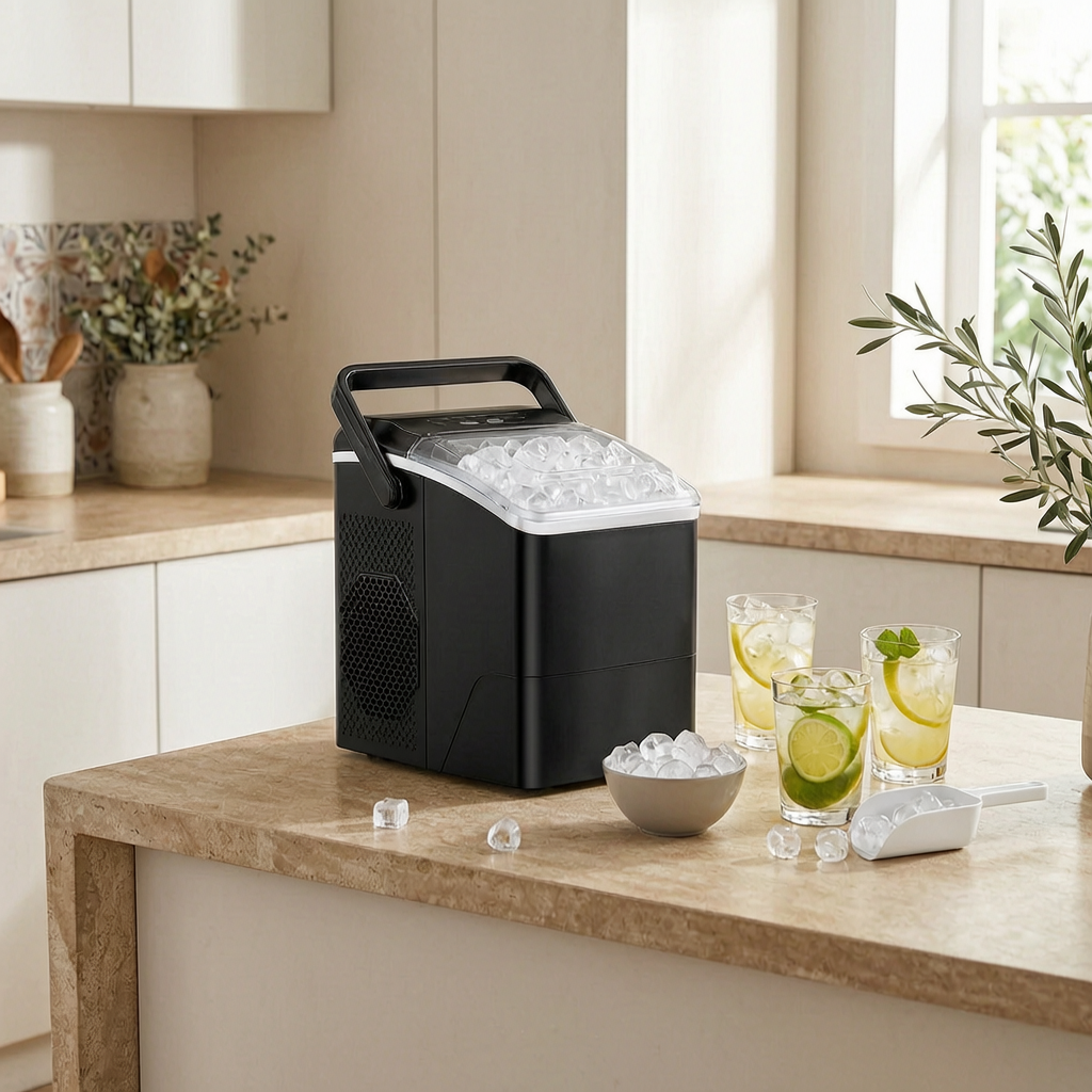 Máquina portátil de cubitos de hielo en una cocina luminosa