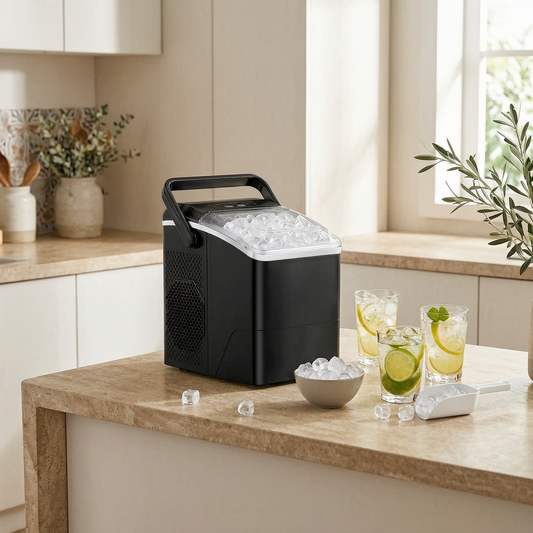 Máquina portátil de cubitos de hielo en una cocina luminosa