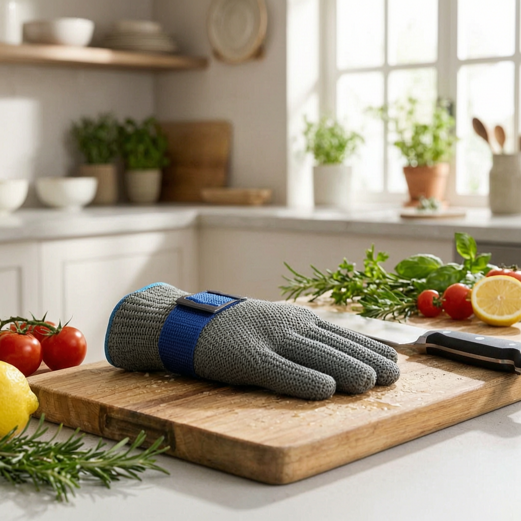 Guantes anticorte de malla metálica en una cocina luminosa