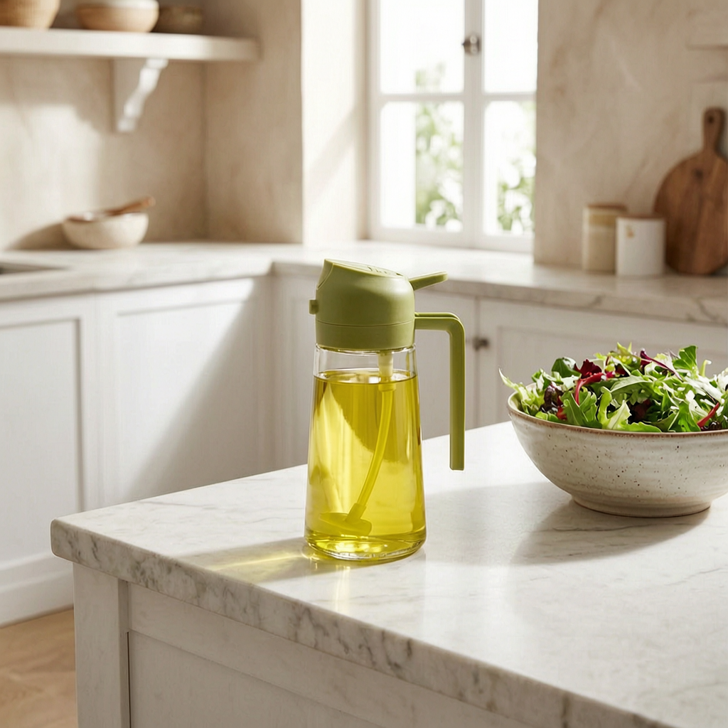 Aceitera de vidrio con pulverizador junto a una ensalada