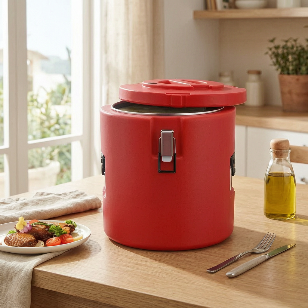Contenedor térmico para alimentos en una mesa de comedor