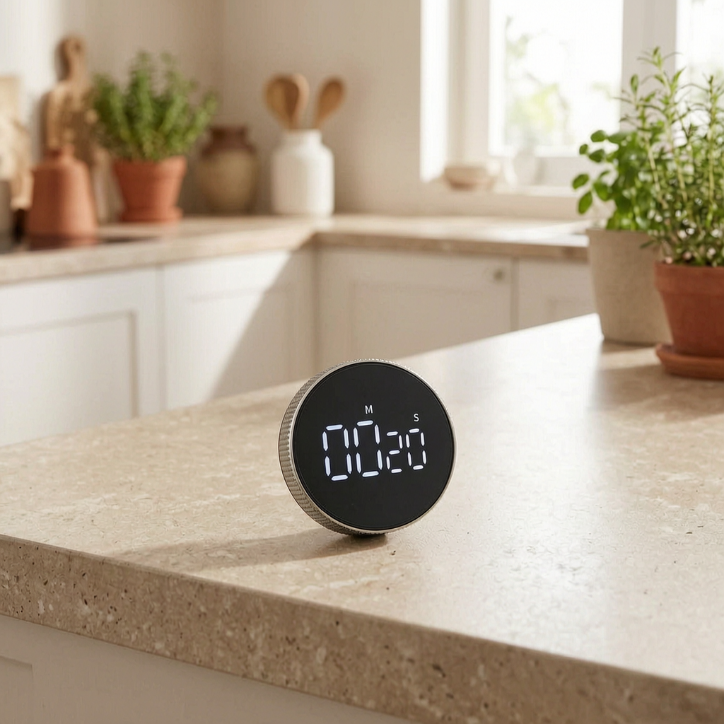 Temporizador de cocina digital en una cocina luminosa
