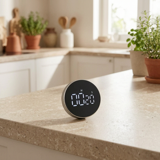 Temporizador de cocina digital en una cocina luminosa