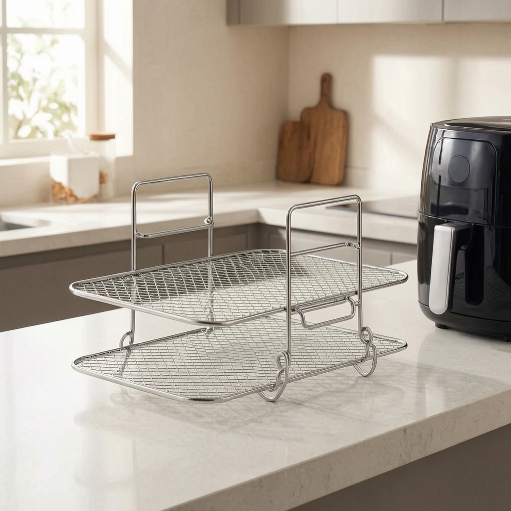 Rejilla apilable para freidora de aire en una cocina luminosa
