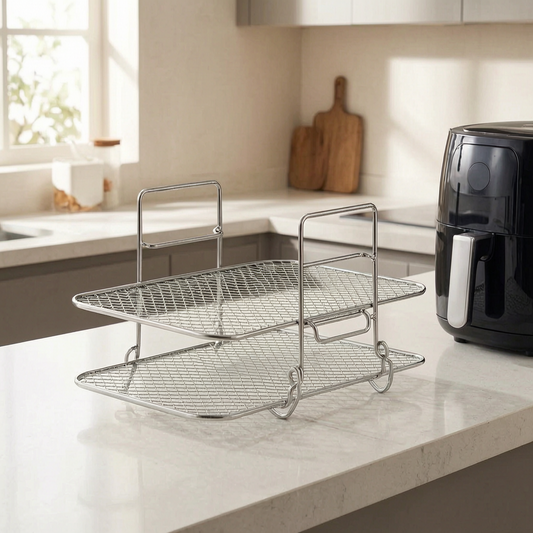 Rejilla apilable para freidora de aire en una cocina luminosa