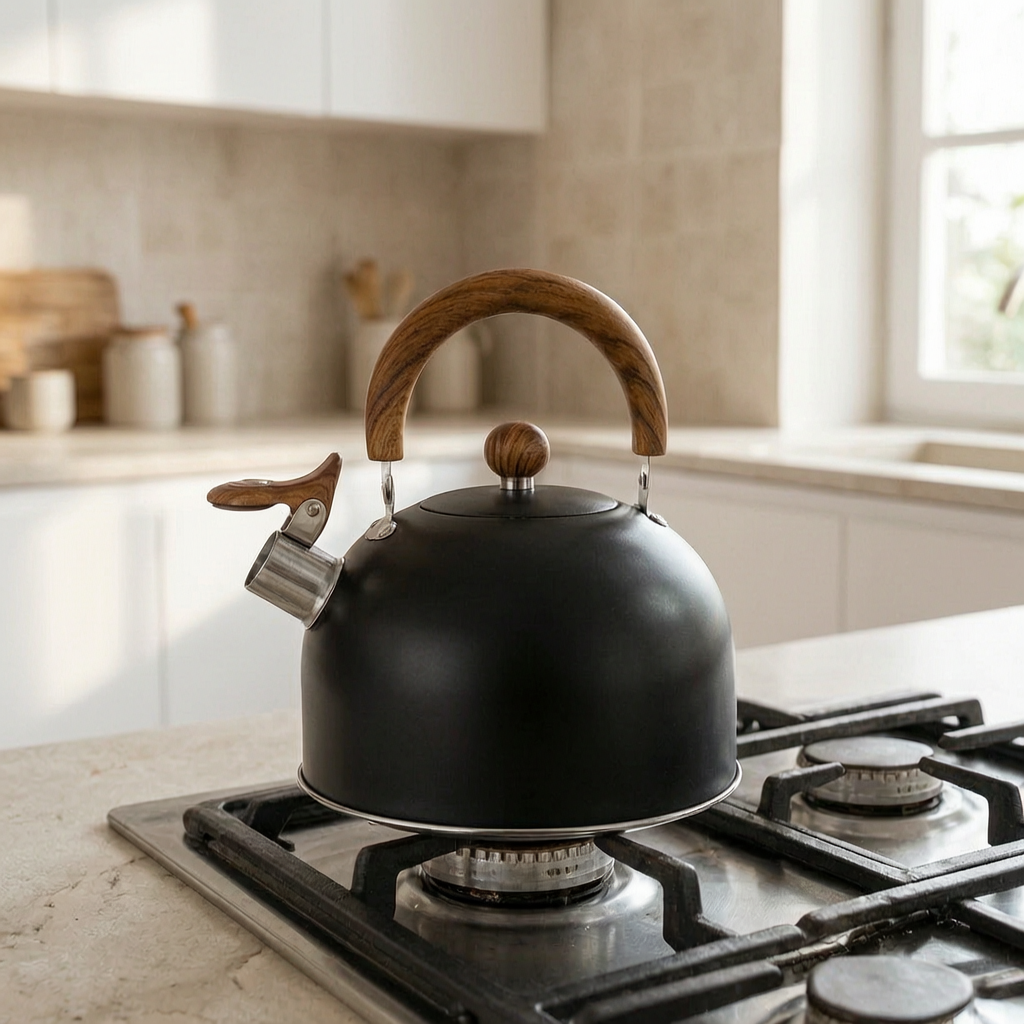 Hervidor silbante de acero inoxidable en una cocina luminosa