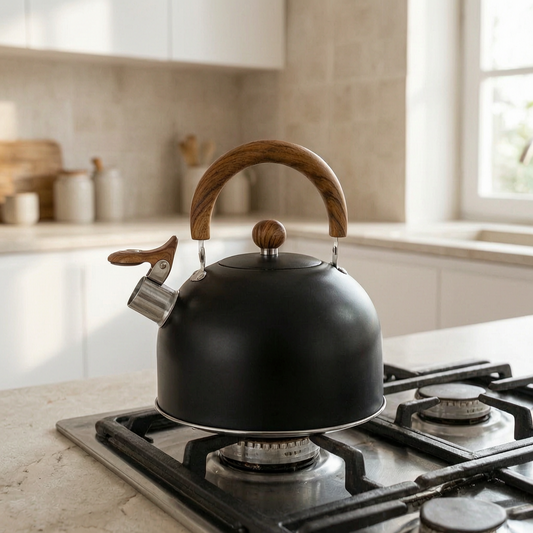 Hervidor silbante de acero inoxidable en una cocina luminosa