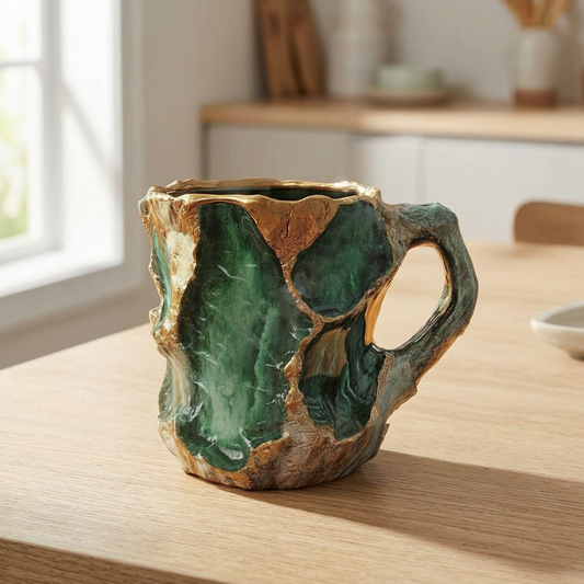Taza estilo geoda en una mesa de desayuno