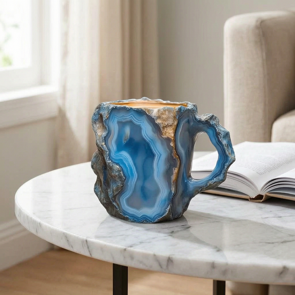 Taza estilo geoda en una mesa auxiliar de salón