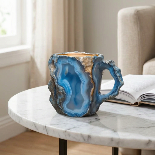 Taza estilo geoda en una mesa auxiliar de salón
