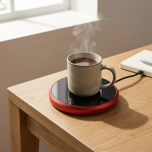 Calentador de tazas eléctrico en un escritorio luminoso