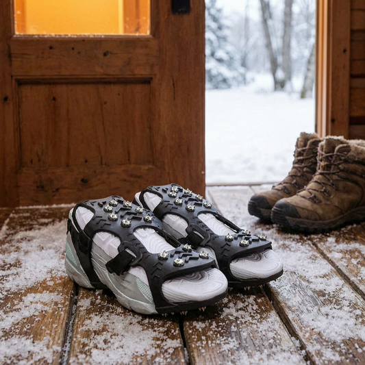 Crampones para nieve junto a botas de invierno