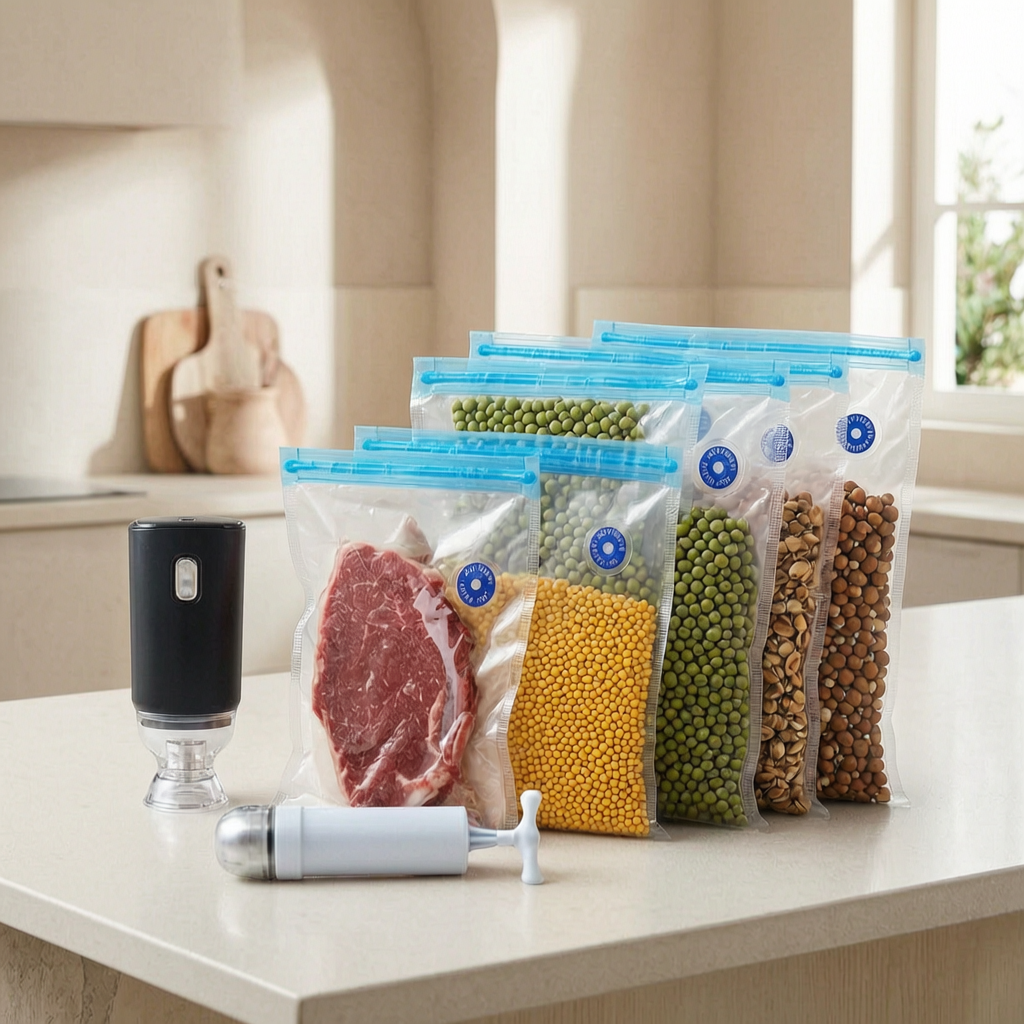 Bolsas de vacío reutilizables con alimentos en una cocina