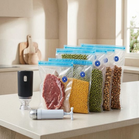 Bolsas de vacío reutilizables con alimentos en una cocina
