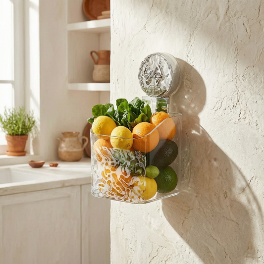 Organizador de pared con cesta en una cocina luminosa