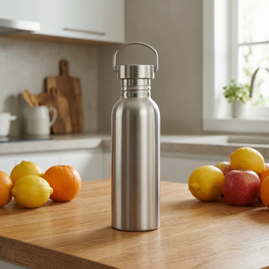Botella de agua de acero inoxidable en una mesa de cocina