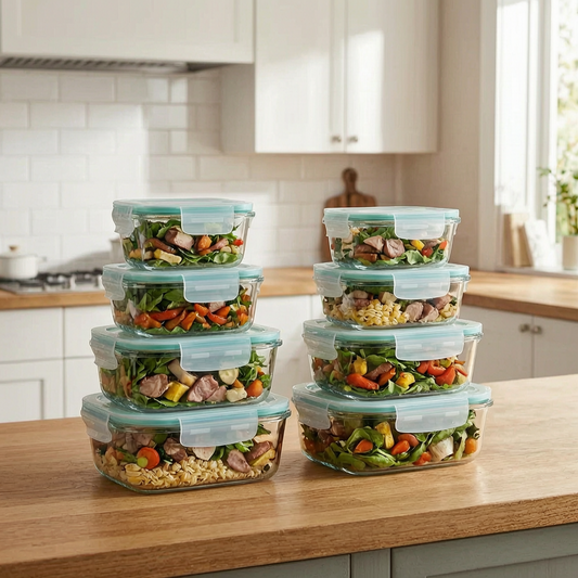 Recipientes de vidrio para meal prep en una cocina luminosa