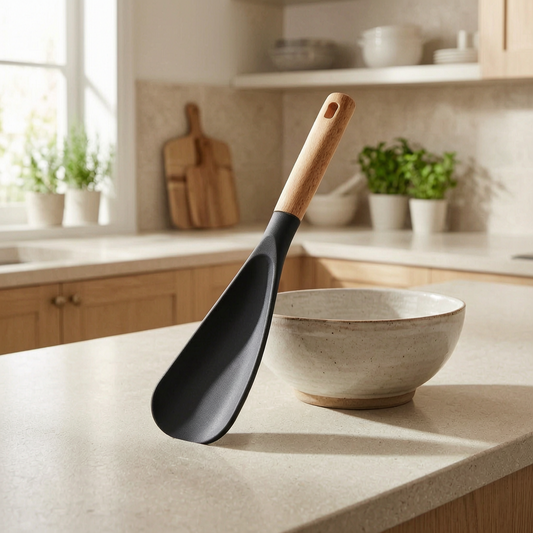 Espátula de silicona junto a un bol en una cocina luminosa