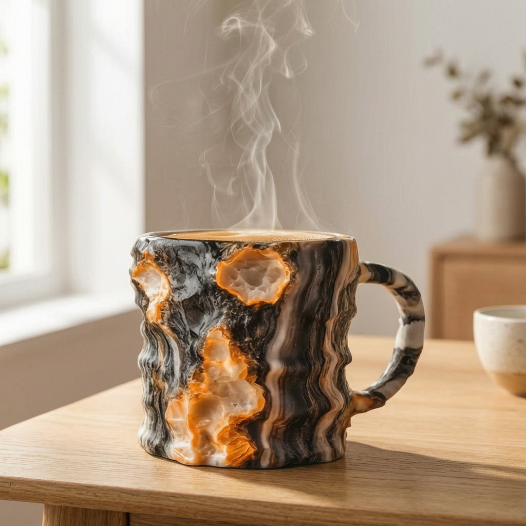 Taza de té resistente al calor en una mesa de desayuno