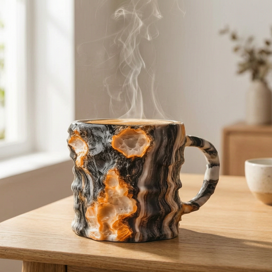 Taza de té resistente al calor en una mesa de desayuno