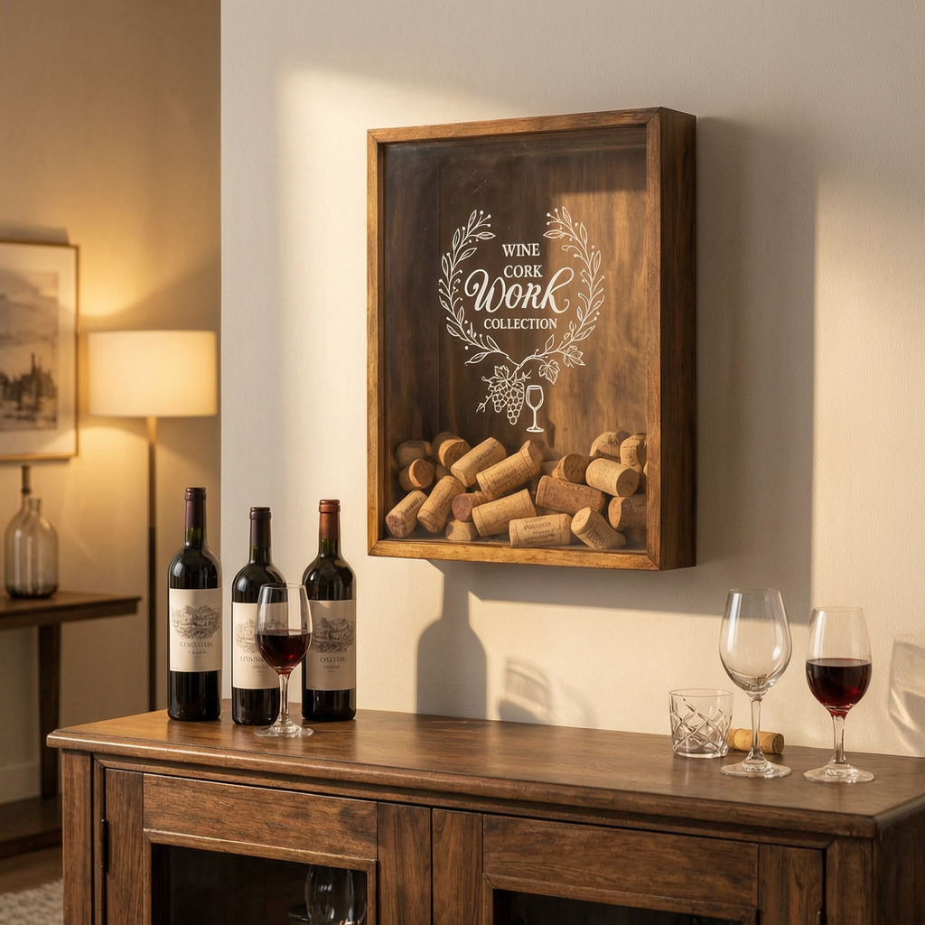 Portacorchos de vino decorativo en la pared de un comedor