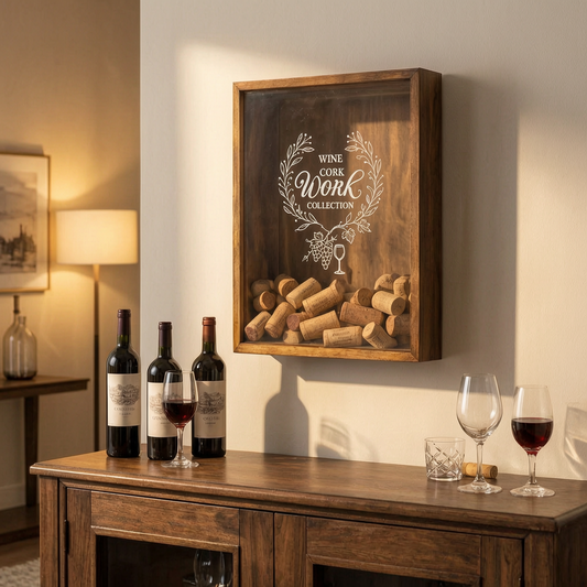 Portacorchos de vino decorativo en la pared de un comedor