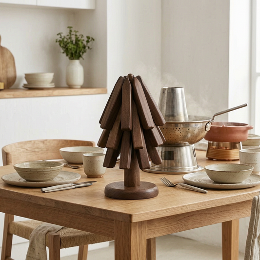 Salvamanteles de madera plegable en una mesa de comedor