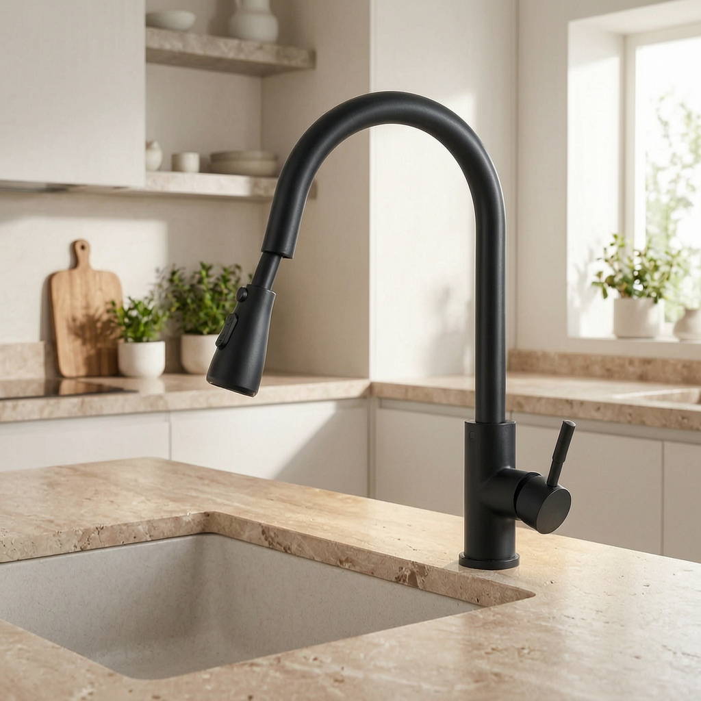 Grifo de cocina extensible en un fregadero luminoso