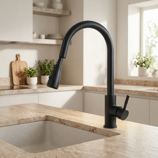 Grifo de cocina extensible en un fregadero luminoso