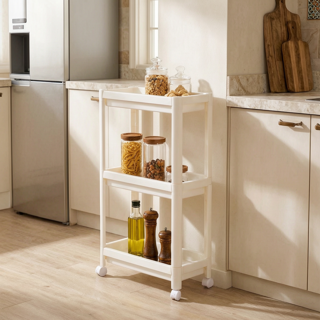 Estante de cocina con ruedas junto a la nevera
