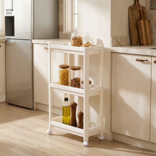 Estante de cocina con ruedas junto a la nevera
