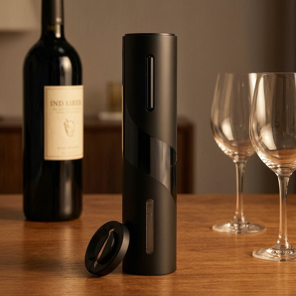 Sacacorchos eléctrico recargable junto a una botella de vino