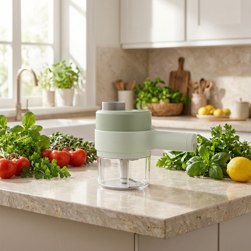 Cortadora eléctrica de verduras en una cocina luminosa
