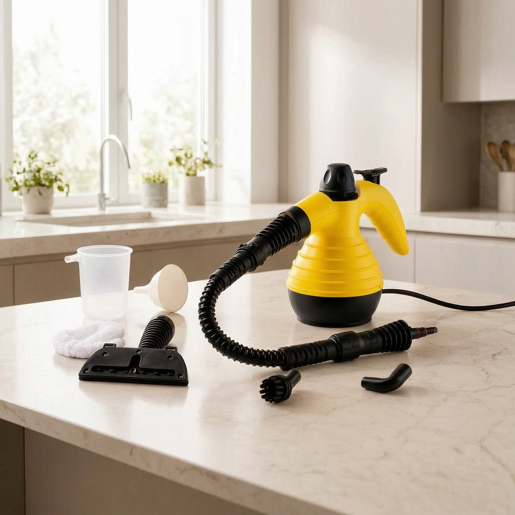 Limpiador a vapor compacto en una cocina luminosa