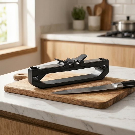 Afilador de cuchillos compacto sobre una tabla de madera