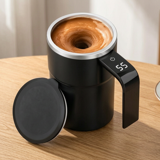 Taza mezcladora automática en una mesa de desayuno