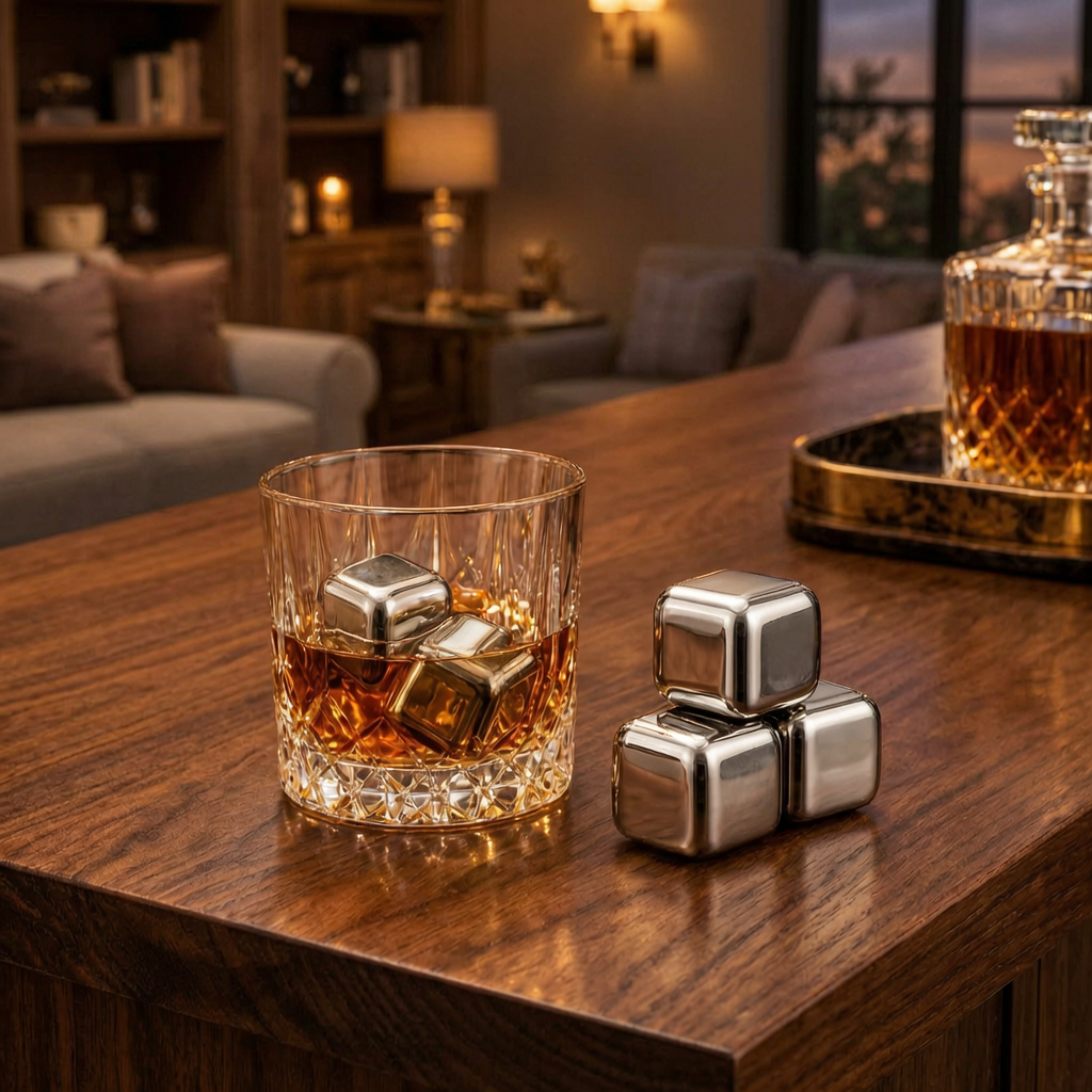 Piedras de whisky de acero junto a un vaso de whisky