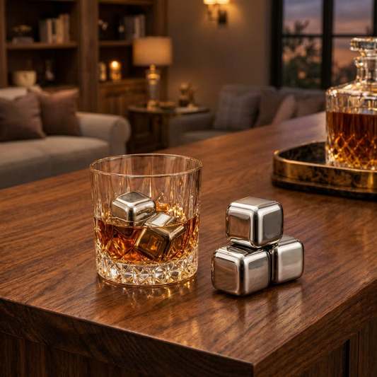 Piedras de whisky de acero junto a un vaso de whisky
