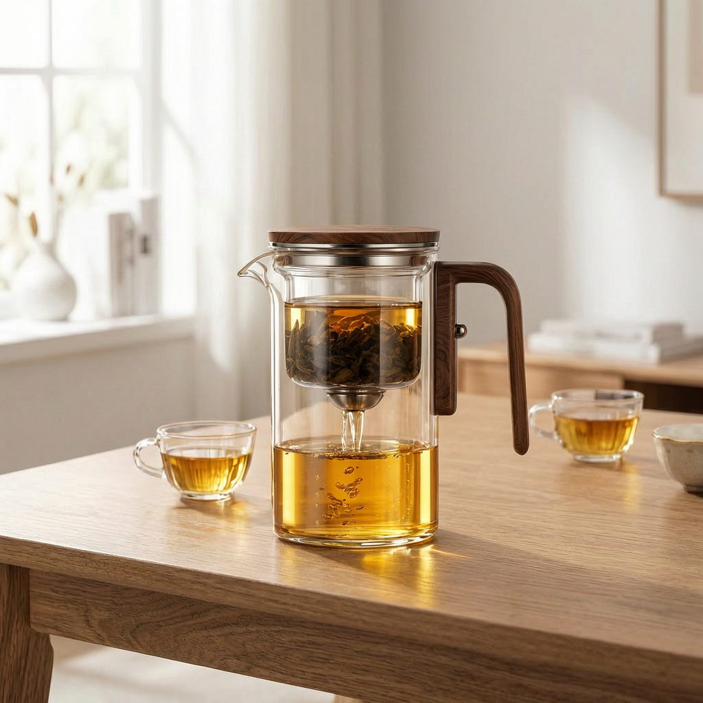 Tetera de vidrio con infusor en una mesa de madera