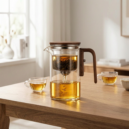 Tetera de vidrio con infusor en una mesa de madera